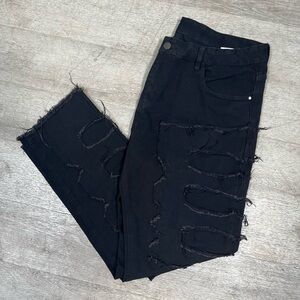 Men’s Black Heavy Distressed Streetwear Jeans Size 40 Raw Hem Grunge